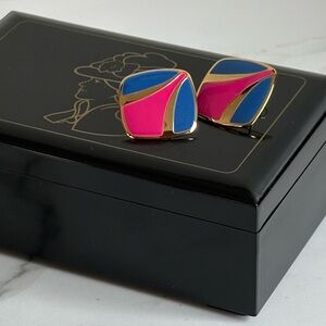 VTG Avon Mod Colorblock Earrings Fuchsia Navy Gold Square Studs 90s 1” NIB 343